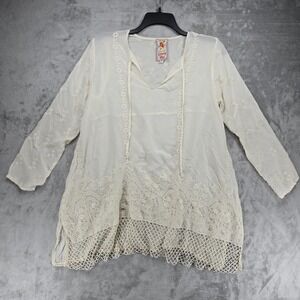 Johnny Was Embroidered V-Neck Sheer Top Women's Sz Small Ivory